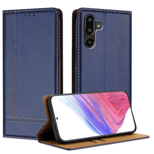 For Samsung Galaxy M16 5G / Galaxy F16 5G Case L-Shaped Grid Pattern Leather Stand Phone Cover with Card Slots - Blue