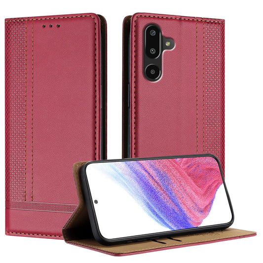 For Samsung Galaxy M16 5G / Galaxy F16 5G Case L-Shaped Grid Pattern Leather Stand Phone Cover with Card Slots - Red