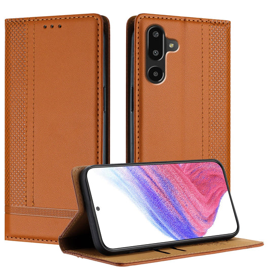 For Samsung Galaxy M16 5G / Galaxy F16 5G Case L-Shaped Grid Pattern Leather Stand Phone Cover with Card Slots - Brown