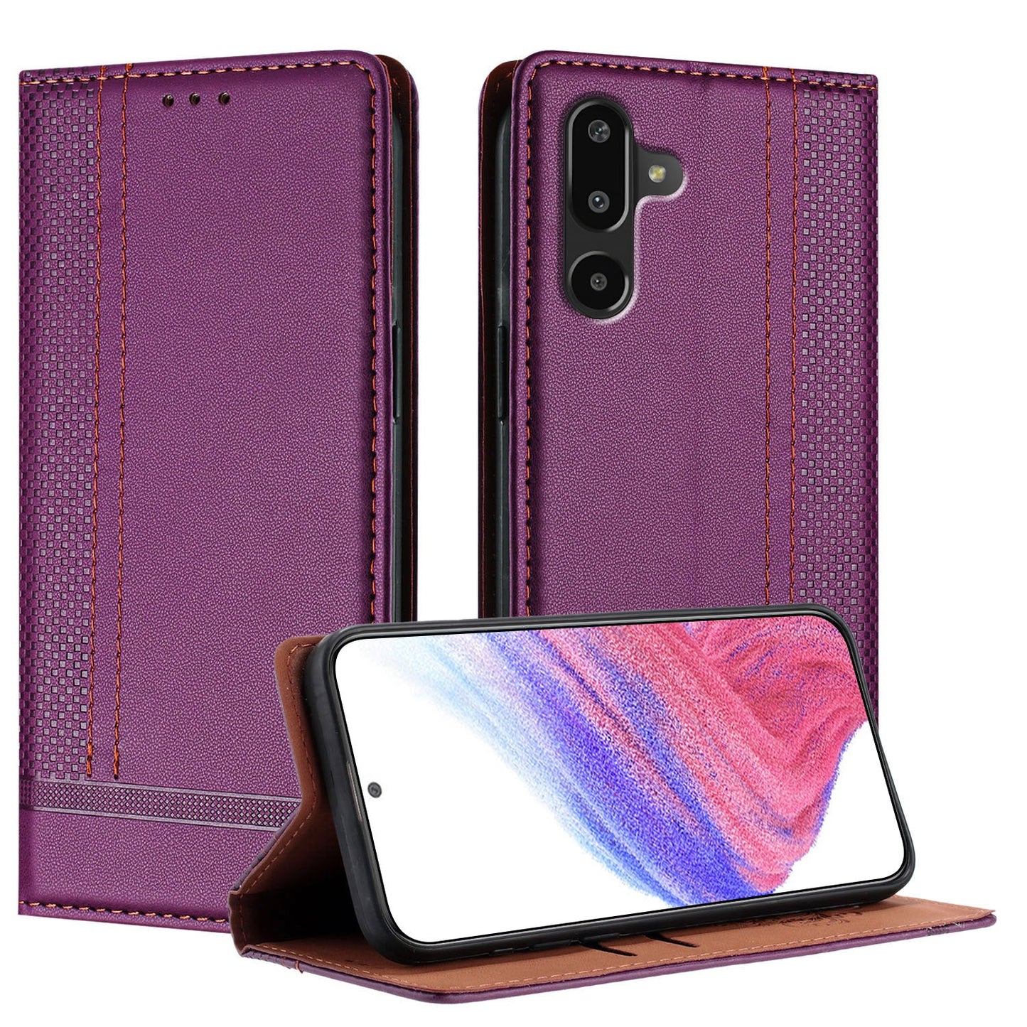 For Samsung Galaxy M16 5G / Galaxy F16 5G Case L-Shaped Grid Pattern Leather Stand Phone Cover with Card Slots - Purple