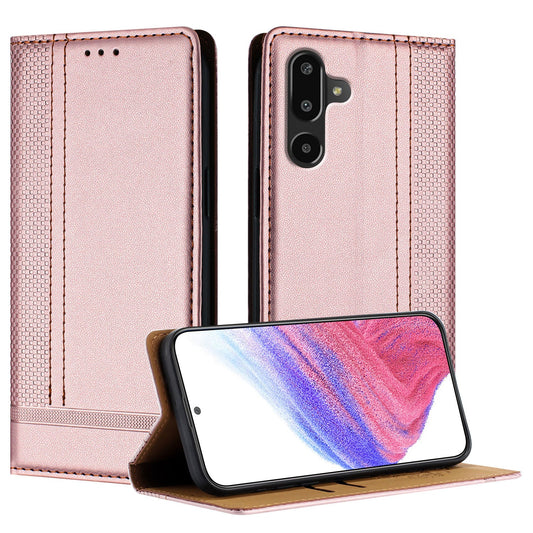 For Samsung Galaxy M16 5G / Galaxy F16 5G Case L-Shaped Grid Pattern Leather Stand Phone Cover with Card Slots - Rose Gold