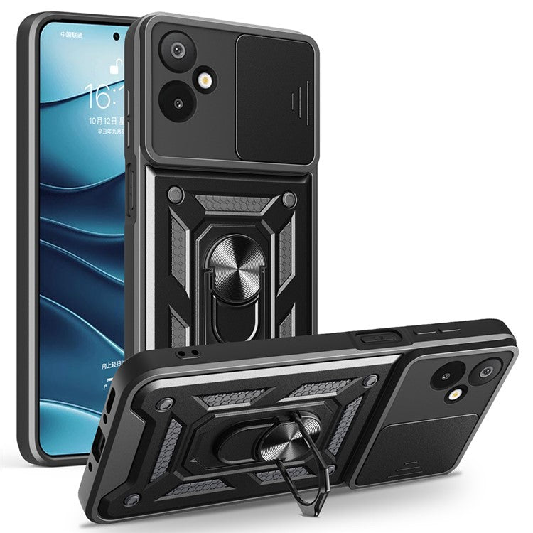 For Samsung Galaxy F06 5G  /  M06 5G Case with Slide Camera Lid PC + TPU Kickstand Phone Cover - Black