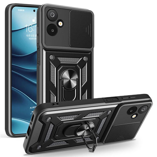 For Samsung Galaxy F06 5G  /  M06 5G Case with Slide Camera Lid PC + TPU Kickstand Phone Cover - Black