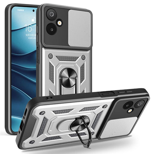 For Samsung Galaxy F06 5G  /  M06 5G Case with Slide Camera Lid PC + TPU Kickstand Phone Cover - Silver