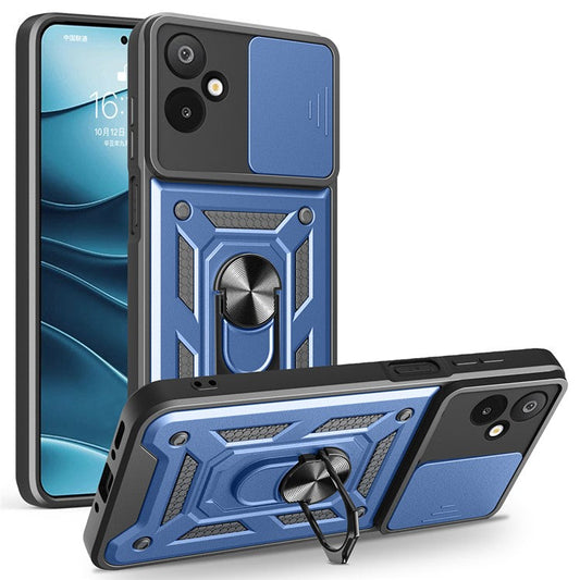 For Samsung Galaxy F06 5G  /  M06 5G Case with Slide Camera Lid PC + TPU Kickstand Phone Cover - Blue