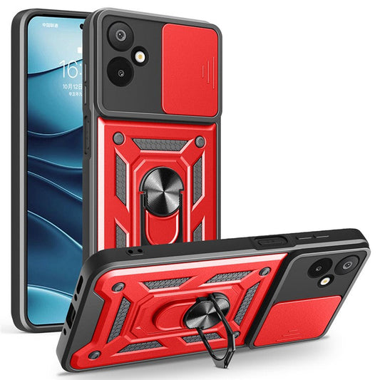 For Samsung Galaxy F06 5G  /  M06 5G Case with Slide Camera Lid PC + TPU Kickstand Phone Cover - Red