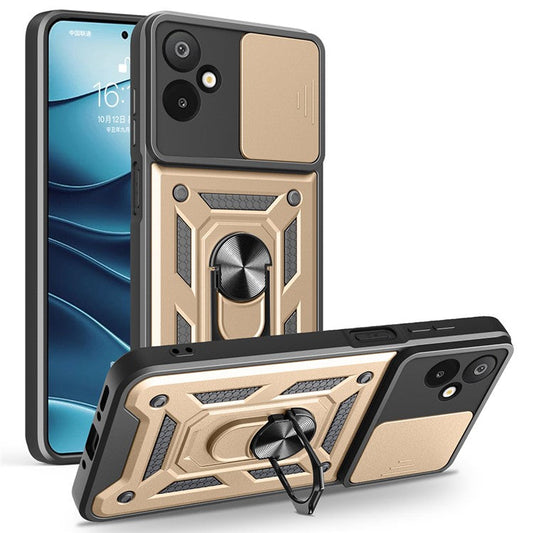 For Samsung Galaxy F06 5G  /  M06 5G Case with Slide Camera Lid PC + TPU Kickstand Phone Cover - Gold