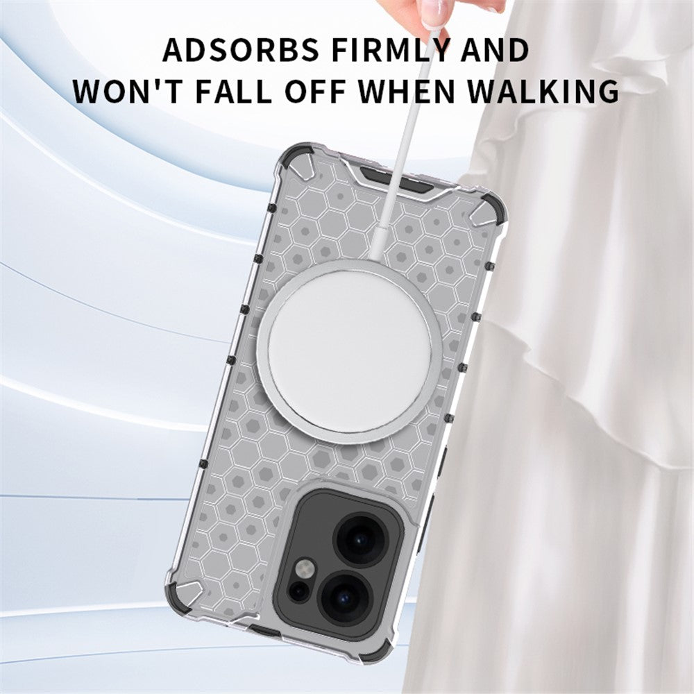 For Oppo Reno13 F 5G Case Compatible with MagSafe Honeycomb Design TPU + PC Phone Cover - Transparent