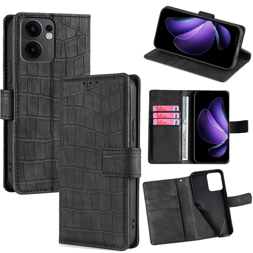 For Oppo Reno13 F 5G  /  4G Leather Case Wallet Stand Crocodile Texture Mobile Phone Cover - Black