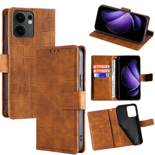 For Oppo Reno13 F 5G  /  4G Leather Case Wallet Stand Crocodile Texture Mobile Phone Cover - Brown