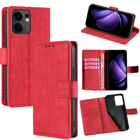 For Oppo Reno13 F 5G  /  4G Leather Case Wallet Stand Crocodile Texture Mobile Phone Cover - Red
