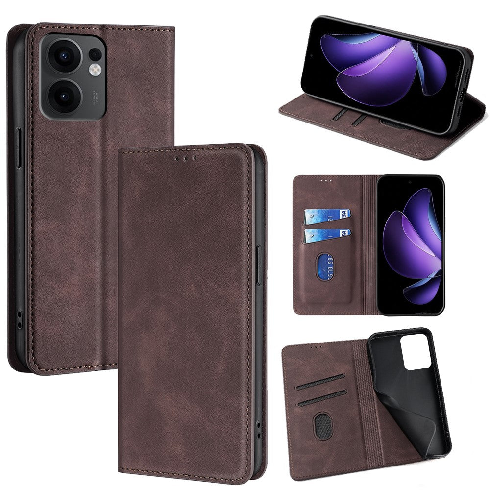 For Oppo Reno13 F 5G  /  4G Card Holder Case PU Leather Magnetic Closing Phone Cover - Dark Brown