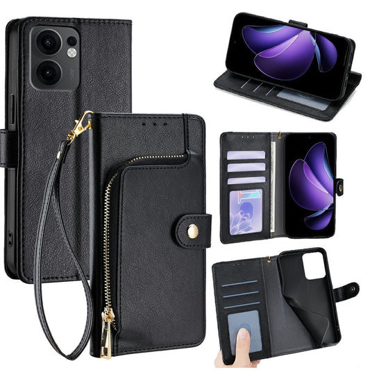 For Oppo Reno13 F 5G  /  4G Case Zipper Pocket PU Leather Wallet Flip Phone Cover - Black