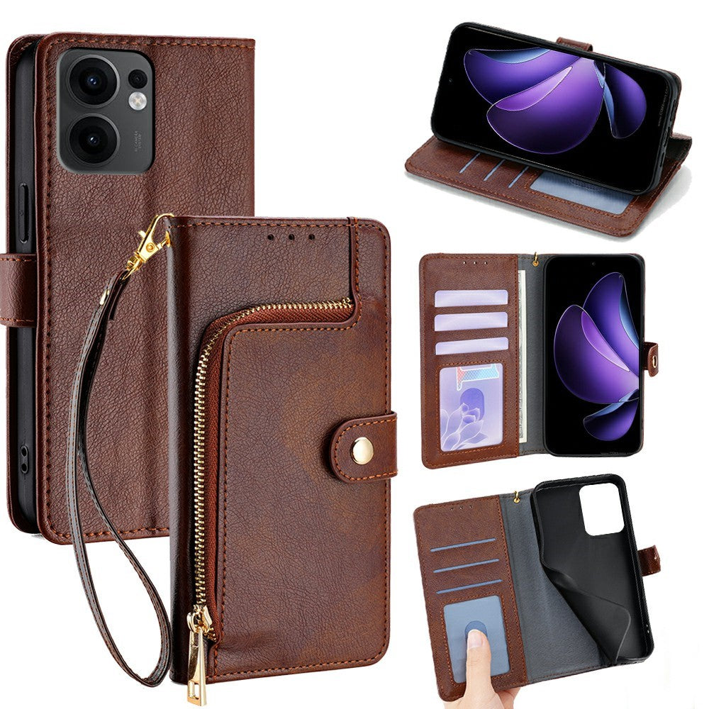 For Oppo Reno13 F 5G  /  4G Case Zipper Pocket PU Leather Wallet Flip Phone Cover - Brown