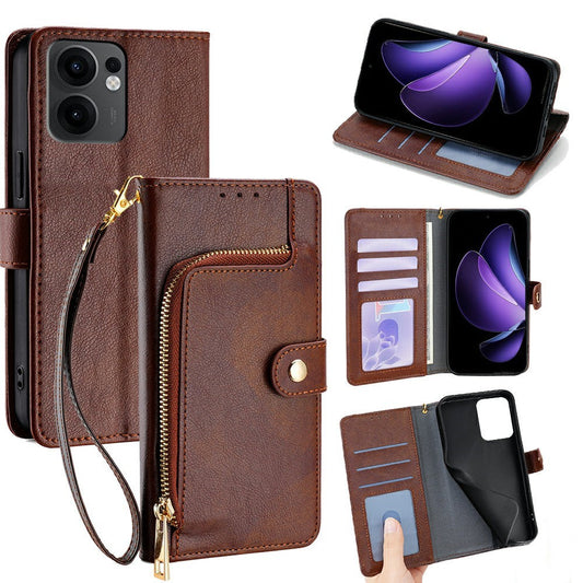 For Oppo Reno13 F 5G  /  4G Case Zipper Pocket PU Leather Wallet Flip Phone Cover - Brown