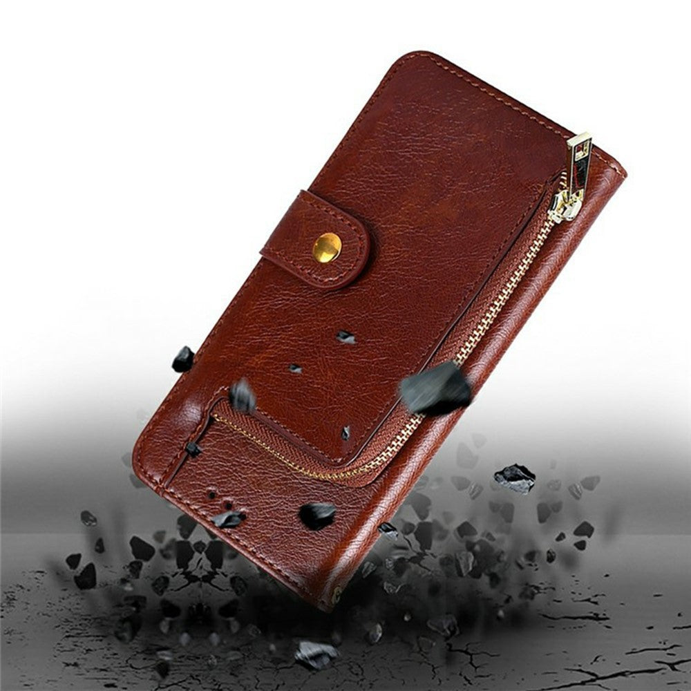 For Oppo Reno13 F 5G  /  4G Case Zipper Pocket PU Leather Wallet Flip Phone Cover - Brown