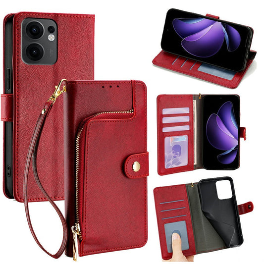 For Oppo Reno13 F 5G  /  4G Case Zipper Pocket PU Leather Wallet Flip Phone Cover - Red
