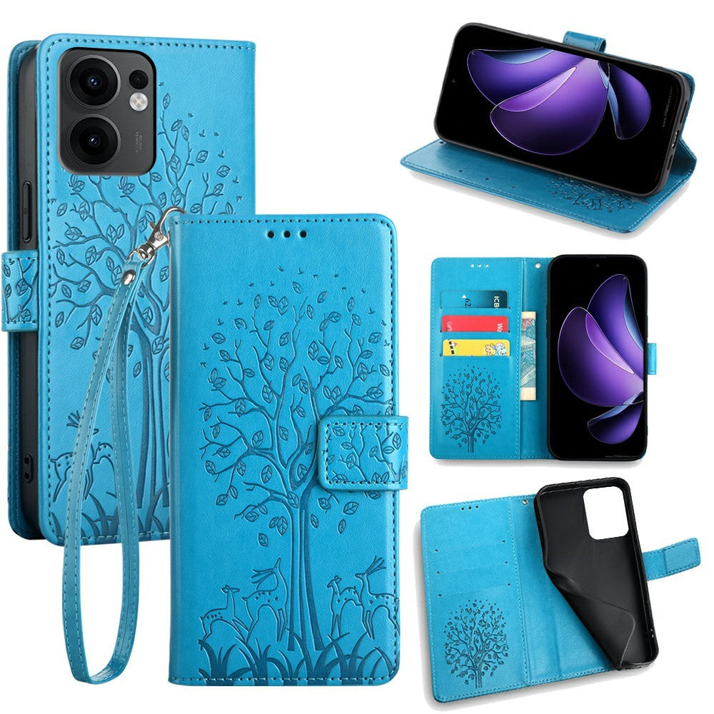 For Oppo Reno13 F 5G / 4G Case PU Leather Wallet Phone Cover Tree Deer Imprinted - Blue