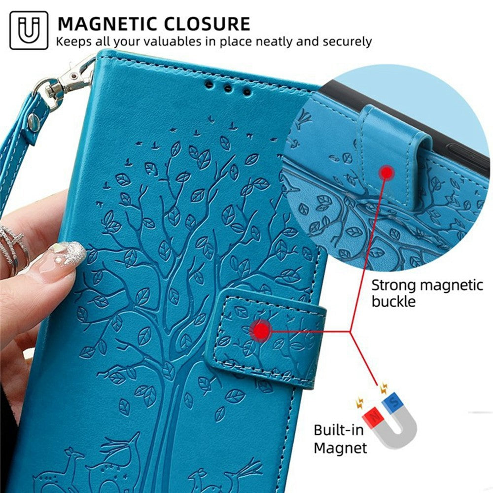 For Oppo Reno13 F 5G / 4G Case PU Leather Wallet Phone Cover Tree Deer Imprinted - Blue