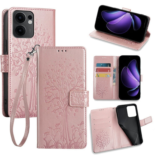 For Oppo Reno13 F 5G / 4G Case PU Leather Wallet Phone Cover Tree Deer Imprinted - Rose Gold