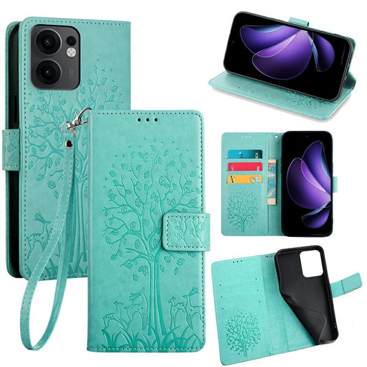For Oppo Reno13 F 5G / 4G Case PU Leather Wallet Phone Cover Tree Deer Imprinted - Green