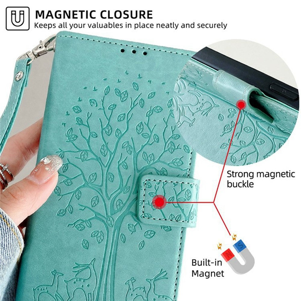 For Oppo Reno13 F 5G / 4G Case PU Leather Wallet Phone Cover Tree Deer Imprinted - Green