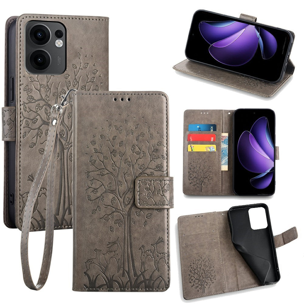 For Oppo Reno13 F 5G / 4G Case PU Leather Wallet Phone Cover Tree Deer Imprinted - Grey