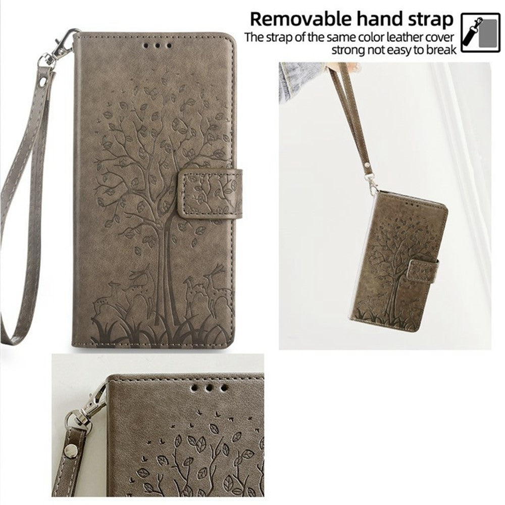For Oppo Reno13 F 5G / 4G Case PU Leather Wallet Phone Cover Tree Deer Imprinted - Grey