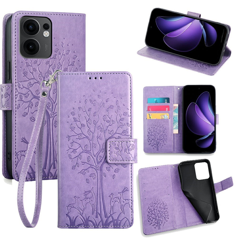 For Oppo Reno13 F 5G / 4G Case PU Leather Wallet Phone Cover Tree Deer Imprinted - Purple