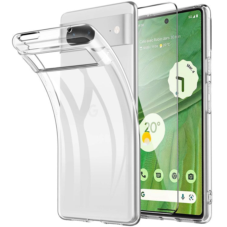 For Google Pixel 7 5G Anti-scratch Transparent Phone Case TPU Cover with 2.5D Arc Edge Tempered Glass Screen Protector