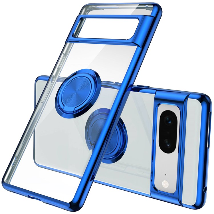 For Google Pixel 7 5G Electroplating TPU Phone Case Rotary Ring Holder Kickstand Transparent Back Cover - Blue