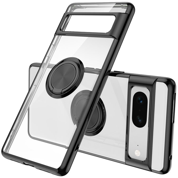 For Google Pixel 7 5G Electroplating TPU Phone Case Rotary Ring Holder Kickstand Transparent Back Cover - Black