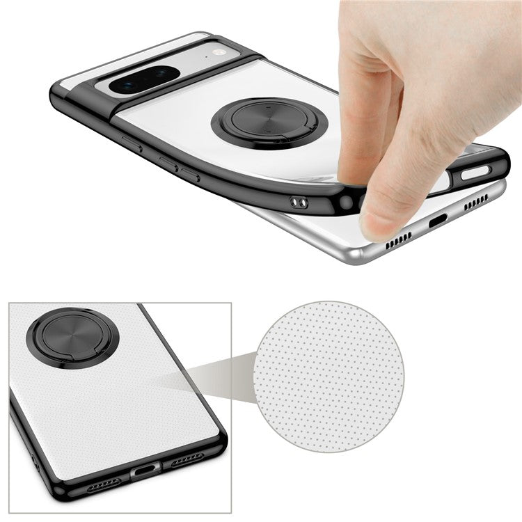 For Google Pixel 7 5G Electroplating TPU Phone Case Rotary Ring Holder Kickstand Transparent Back Cover - Black