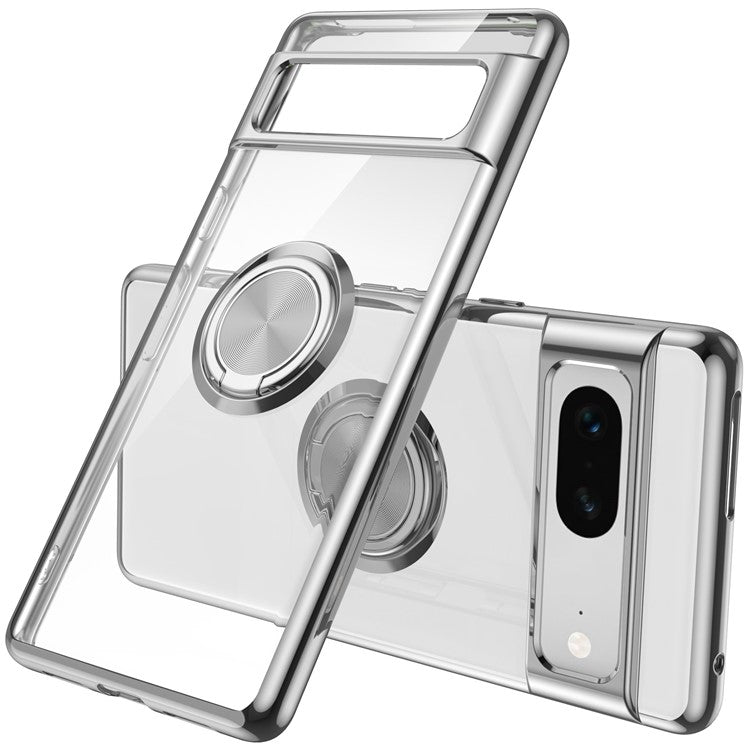 For Google Pixel 7 5G Electroplating TPU Phone Case Rotary Ring Holder Kickstand Transparent Back Cover - Silver