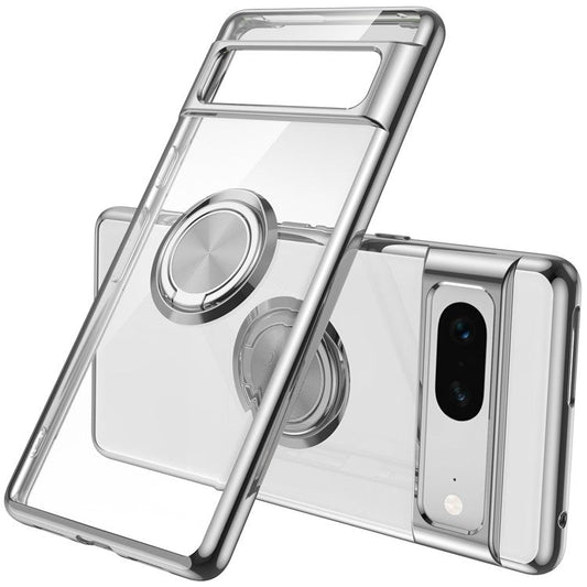 For Google Pixel 7 5G Electroplating TPU Phone Case Rotary Ring Holder Kickstand Transparent Back Cover - Silver