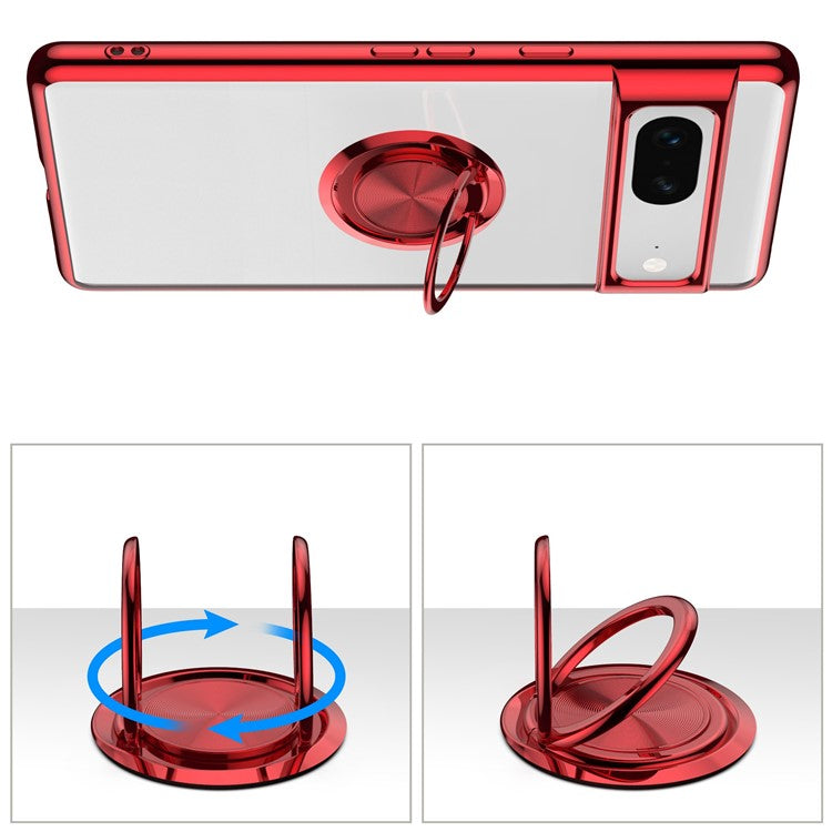 For Google Pixel 7 5G Electroplating TPU Phone Case Rotary Ring Holder Kickstand Transparent Back Cover - Silver