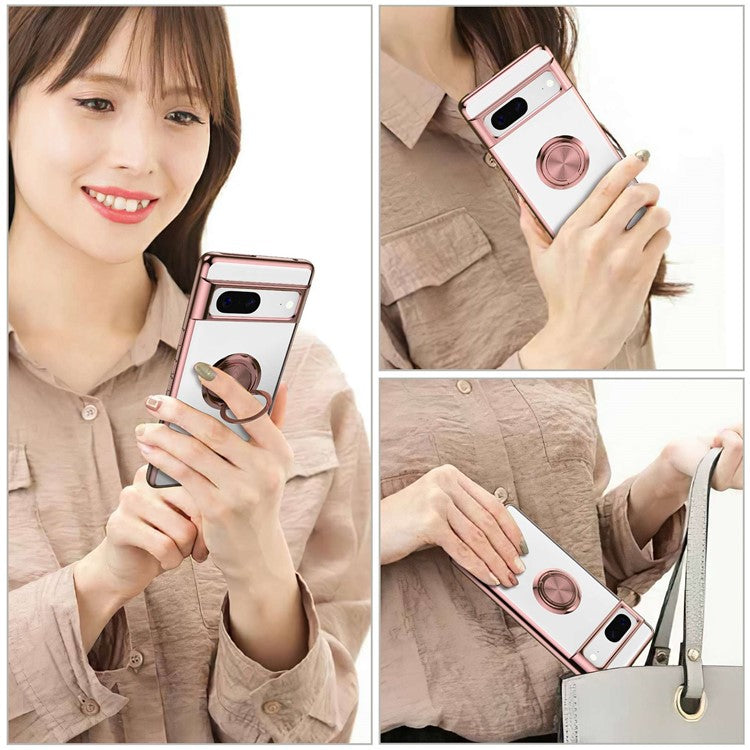For Google Pixel 7 5G Electroplating TPU Phone Case Rotary Ring Holder Kickstand Transparent Back Cover - Silver