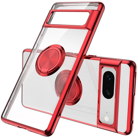 For Google Pixel 7 5G Electroplating TPU Phone Case Rotary Ring Holder Kickstand Transparent Back Cover - Red