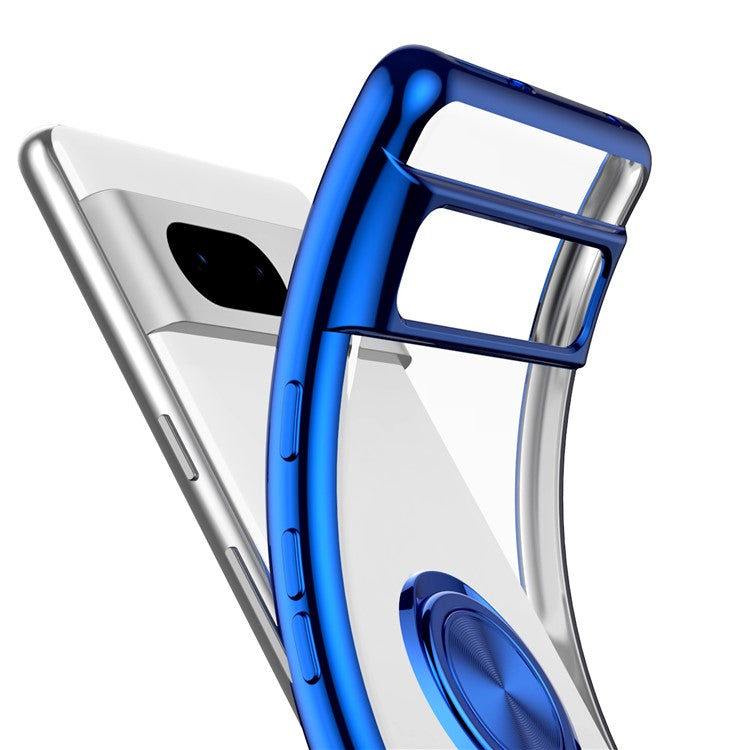 For Google Pixel 7 5G Electroplating TPU Phone Case Rotary Ring Holder Kickstand Transparent Back Cover - Red