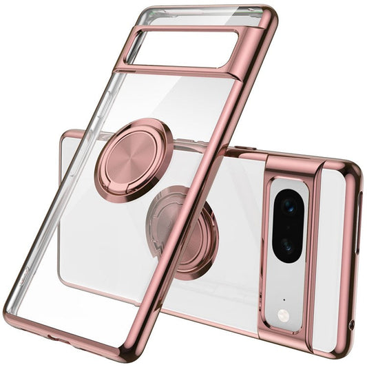 For Google Pixel 7 5G Electroplating TPU Phone Case Rotary Ring Holder Kickstand Transparent Back Cover - Rose Gold
