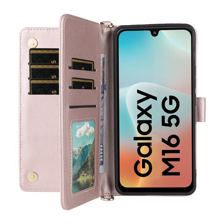 For Samsung Galaxy M16 5G  /  F16 5G Wallet Case with Shoulder / Wrist Strap Leather Phone Cover Stand - Pink
