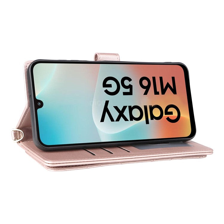 For Samsung Galaxy M16 5G  /  F16 5G Wallet Case with Shoulder / Wrist Strap Leather Phone Cover Stand - Pink
