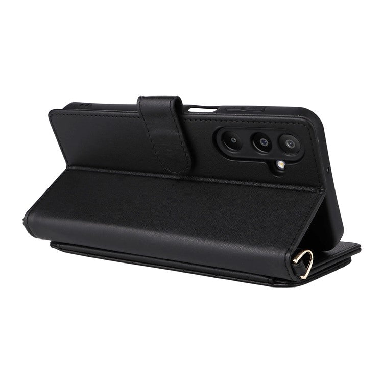 For Samsung Galaxy M16 5G  /  F16 5G Wallet Case with Shoulder / Wrist Strap Leather Phone Cover Stand - Black