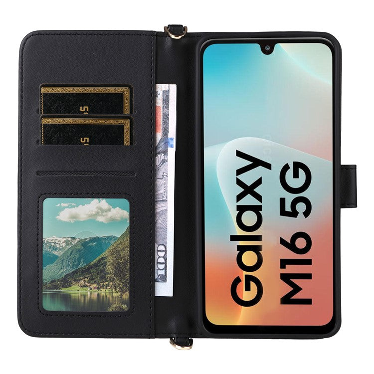 For Samsung Galaxy M16 5G  /  F16 5G Wallet Case with Shoulder / Wrist Strap Leather Phone Cover Stand - Black