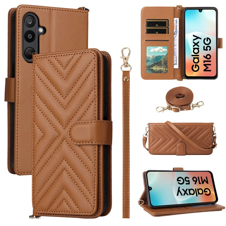 For Samsung Galaxy M16 5G  /  F16 5G Wallet Case with Shoulder / Wrist Strap Leather Phone Cover Stand - Brown