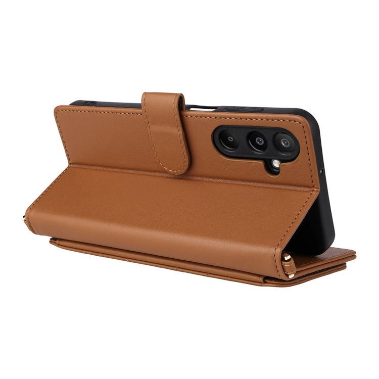 For Samsung Galaxy M16 5G  /  F16 5G Wallet Case with Shoulder / Wrist Strap Leather Phone Cover Stand - Brown