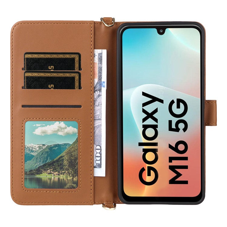 For Samsung Galaxy M16 5G  /  F16 5G Wallet Case with Shoulder / Wrist Strap Leather Phone Cover Stand - Brown