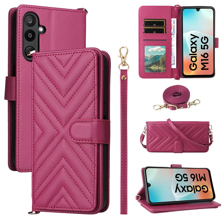 For Samsung Galaxy M16 5G  /  F16 5G Wallet Case with Shoulder / Wrist Strap Leather Phone Cover Stand - Rose