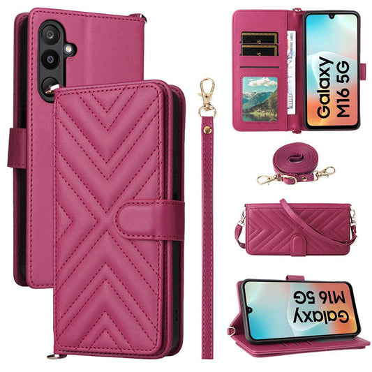 For Samsung Galaxy M16 5G  /  F16 5G Wallet Case with Shoulder / Wrist Strap Leather Phone Cover Stand - Rose