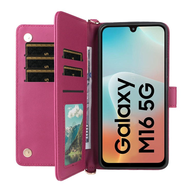 For Samsung Galaxy M16 5G  /  F16 5G Wallet Case with Shoulder / Wrist Strap Leather Phone Cover Stand - Rose